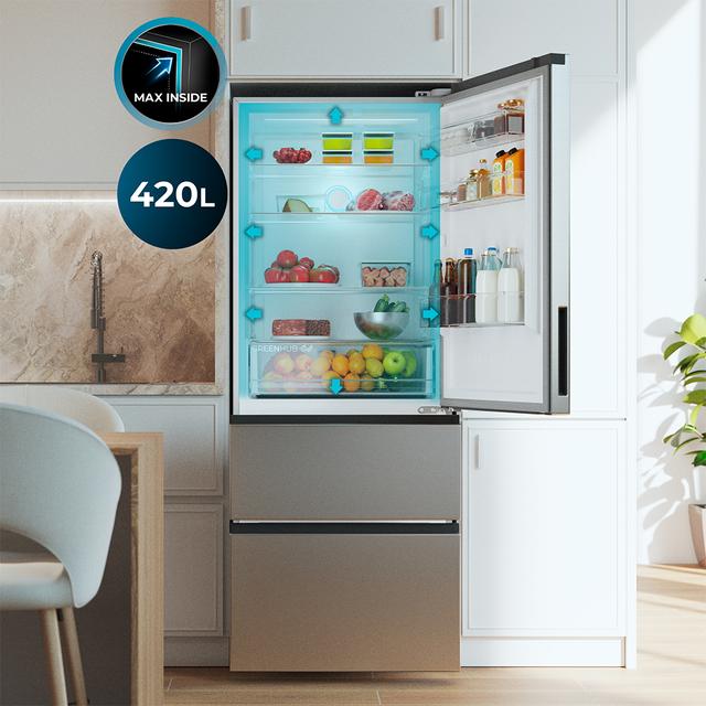 Bolero CoolMarket FD 420 Inox E Frigorífico Puerta Francesa, Extra Capacidad Max Inside 420 Litros, Compresor Inverter, Cajón Frutas y Verduras, Función Iónica ATT Antibacterias, NoFrost, Funciones SuperCool y SuperFreeze, Display digital exterior, Modo Vacaciones