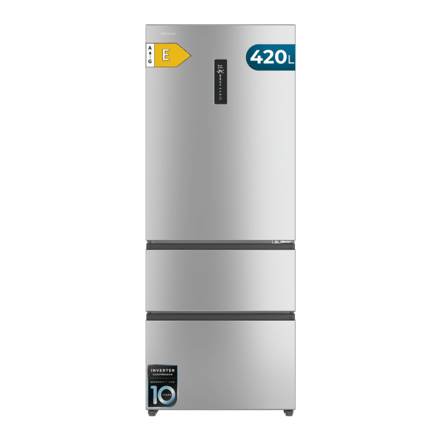 Bolero CoolMarket FD 420 Inox E Frigorífico Puerta Francesa, Extra Capacidad Max Inside 420 Litros, Compresor Inverter, Cajón Frutas y Verduras, Función Iónica ATT Antibacterias, NoFrost, Funciones SuperCool y SuperFreeze, Display digital exterior, Modo Vacaciones