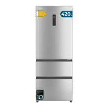Bolero CoolMarket FD 420 Inox E Frigorífico Puerta Francesa, Extra Capacidad Max Inside 420 Litros, Compresor Inverter, Cajón Frutas y Verduras, Función Iónica ATT Antibacterias, NoFrost, Funciones SuperCool y SuperFreeze, Display digital exterior, Modo Vacaciones