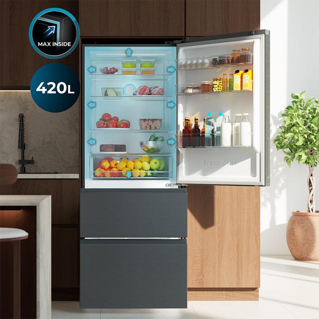 Bolero CoolMarket FD 420 Dark E Frigorífico Puerta Francesa, Extra Capacidad Max Inside 420 Litros, Compresor Inverter, Cajón Frutas y Verduras, Función Iónica ATT Antibacterias, NoFrost, Funciones SuperCool y SuperFreeze, Display digital exterior, Modo Vacaciones