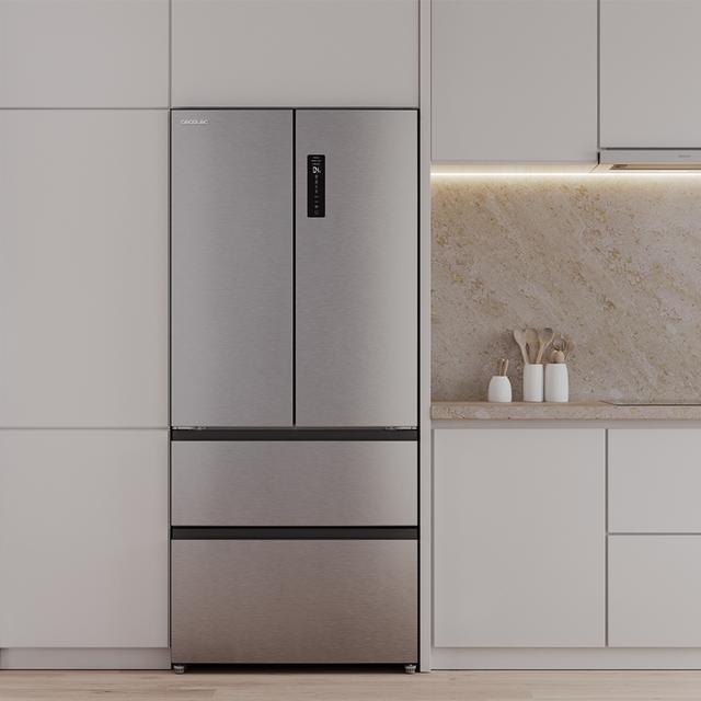 Bolero CoolMarket F2D 458 SBI Inox E Frigorífico Puerta Francesa de 4 Puertas Semi-Integrable, 458 Litros, Ventilación Frontal, MetalFlexCooling, Cajón Temperatura Independiente (-1ºC, -3ºC y  +4ºC), Esterilización Iónica, Compresor Inverter, Súper Capacidad Max Inside, NoFrost, MultiAirFlow, Silencioso 37dB, SuperCool y SuperFreeze, Modo Vacaciones