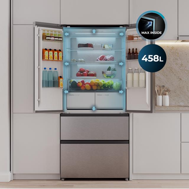 Bolero CoolMarket F2D 458 SBI Inox E Frigorífico Puerta Francesa de 4 Puertas Semi-Integrable, 458 Litros, Ventilación Frontal, MetalFlexCooling, Cajón Temperatura Independiente (-1ºC, -3ºC y  +4ºC), Esterilización Iónica, Compresor Inverter, Súper Capacidad Max Inside, NoFrost, MultiAirFlow, Silencioso 37dB, SuperCool y SuperFreeze, Modo Vacaciones