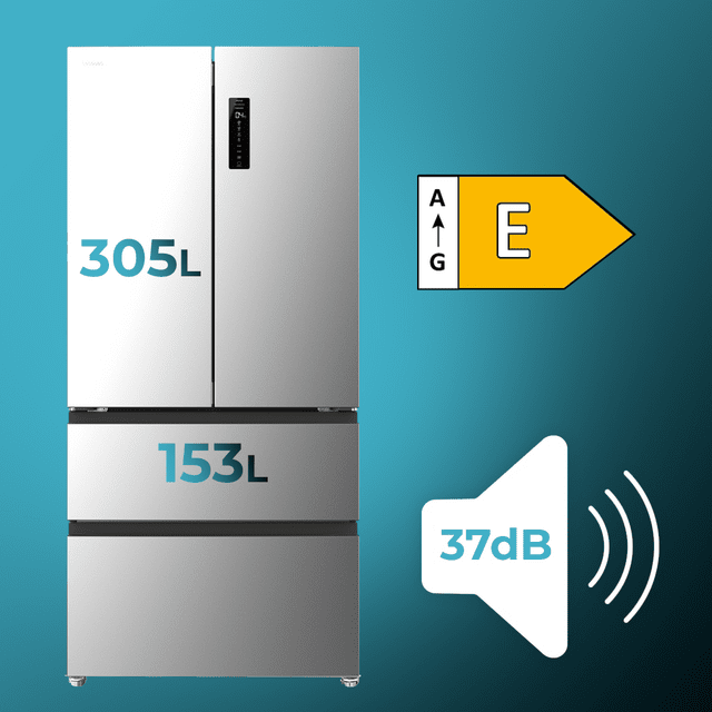 Bolero CoolMarket F2D 458 SBI Inox E Frigorífico Puerta Francesa de 4 Puertas Semi-Integrable, 458 Litros, Ventilación Frontal, MetalFlexCooling, Cajón Temperatura Independiente (-1ºC, -3ºC y  +4ºC), Esterilización Iónica, Compresor Inverter, Súper Capacidad Max Inside, NoFrost, MultiAirFlow, Silencioso 37dB, SuperCool y SuperFreeze, Modo Vacaciones