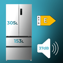 Bolero CoolMarket F2D 458 SBI Inox E Frigorífico Puerta Francesa de 4 Puertas Semi-Integrable, 458 Litros, Ventilación Frontal, MetalFlexCooling, Cajón Temperatura Independiente (-1ºC, -3ºC y  +4ºC), Esterilización Iónica, Compresor Inverter, Súper Capacidad Max Inside, NoFrost, MultiAirFlow, Silencioso 37dB, SuperCool y SuperFreeze, Modo Vacaciones