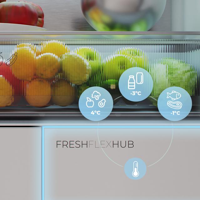 Bolero CoolMarket F2D 458 SBI Inox E Frigorífico Puerta Francesa de 4 Puertas Semi-Integrable, 458 Litros, Ventilación Frontal, MetalFlexCooling, Cajón Temperatura Independiente (-1ºC, -3ºC y  +4ºC), Esterilización Iónica, Compresor Inverter, Súper Capacidad Max Inside, NoFrost, MultiAirFlow, Silencioso 37dB, SuperCool y SuperFreeze, Modo Vacaciones