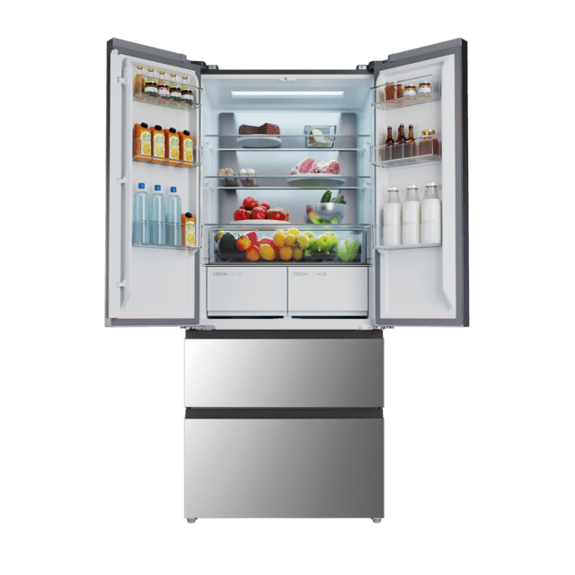 Bolero CoolMarket F2D 458 SBI Inox E Frigorífico Puerta Francesa de 4 Puertas Semi-Integrable, 458 Litros, Ventilación Frontal, MetalFlexCooling, Cajón Temperatura Independiente (-1ºC, -3ºC y  +4ºC), Esterilización Iónica, Compresor Inverter, Súper Capacidad Max Inside, NoFrost, MultiAirFlow, Silencioso 37dB, SuperCool y SuperFreeze, Modo Vacaciones