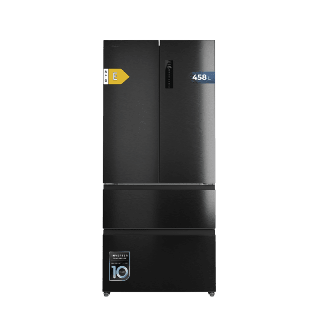 Refrigerador Bolero CoolMarket F2D 458 SBI Dark E de 4 portas, semi-integral, French Door, 458 litros, ventilação frontal, MetalFlexCooling, gaveta de temperatura independente (-1 °C, -3 °C e +4 °C), esterilização iônica, compressor inverter, capacidade interna supermáxima, NoFrost, MultiAirFlow, silencioso 37 dB, SuperCool e SuperFreeze, modo férias