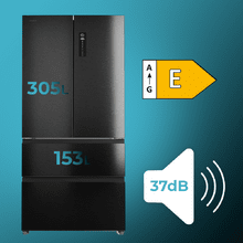 Refrigerador Bolero CoolMarket F2D 458 SBI Dark E de 4 portas, semi-integral, French Door, 458 litros, ventilação frontal, MetalFlexCooling, gaveta de temperatura independente (-1 °C, -3 °C e +4 °C), esterilização iônica, compressor inverter, capacidade interna supermáxima, NoFrost, MultiAirFlow, silencioso 37 dB, SuperCool e SuperFreeze, modo férias