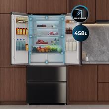 Bolero CoolMarket F2D 458 SBI Black Glass D Frigorífico Puerta Francesa de 4 Puertas Cristal Negro PerfectFit, 458 Litros, Ventilación Frontal, MetalFlexCooling, Cajón Temperatura Independiente (-1ºC, -3ºC y  +4ºC), Esterilización Iónica, Compresor Inverter, Extra Capacidad, NoFrost, MultiAirFlow, Silencioso 37dB, Fast Cooling y Fast Freezing, Modo Vacaciones