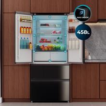 Bolero CoolMarket F2D 458 SBI Black Glass D Frigorífico Puerta Francesa de 4 Puertas Cristal Negro PerfectFit, 458 Litros, Ventilación Frontal, MetalFlexCooling, Cajón Temperatura Independiente (-1ºC, -3ºC y  +4ºC), Esterilización Iónica, Compresor Inverter, Extra Capacidad, NoFrost, MultiAirFlow, Silencioso 37dB, Fast Cooling y Fast Freezing, Modo Vacaciones