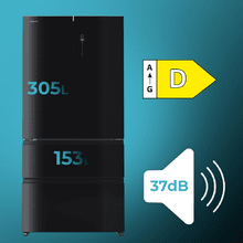 Bolero CoolMarket F2D 458 SBI Black Glass D Frigorífico Puerta Francesa de 4 Puertas Cristal Negro PerfectFit, 458 Litros, Ventilación Frontal, MetalFlexCooling, Cajón Temperatura Independiente (-1ºC, -3ºC y  +4ºC), Esterilización Iónica, Compresor Inverter, Extra Capacidad, NoFrost, MultiAirFlow, Silencioso 37dB, Fast Cooling y Fast Freezing, Modo Vacaciones