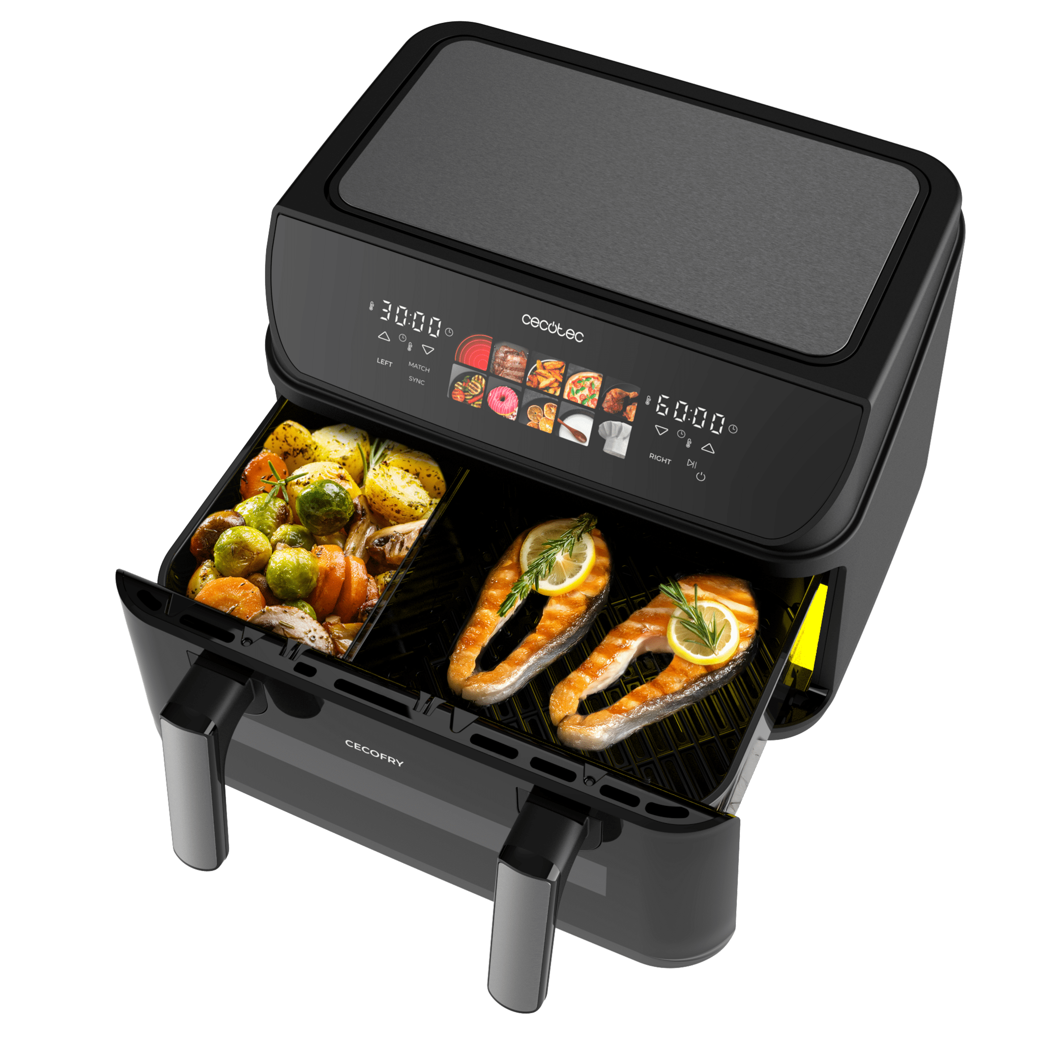 Cecotec Cecofry&Grill Duoheat 10000 abierta con doble zona de cocinado