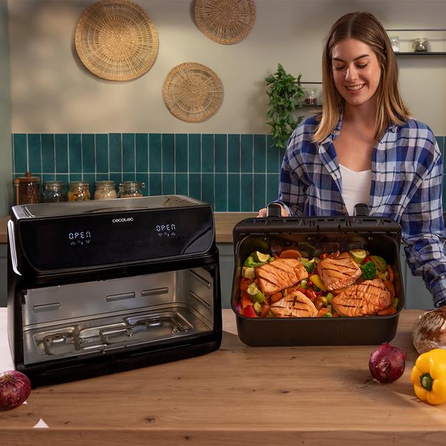 Cecofry&Grill Duoheat 10000 Freidora de aire con cuatro resistencias para dorado perfecto y sabor de parrilla en carnes, capacidad de 10 litros, potencia de 2800 W para platos saludables y pared divisoria móvil para optar entre dos cestillos con temperatura dual o convertirse en una sola cubeta.