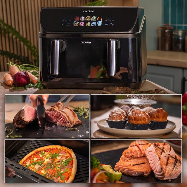 Cecofry&Grill Duoheat 10000 Freidora de aire con cuatro resistencias para dorado perfecto y sabor de parrilla en carnes, capacidad de 10 litros, potencia de 2800 W para platos saludables y pared divisoria móvil para optar entre dos cestillos con temperatura dual o convertirse en una sola cubeta.