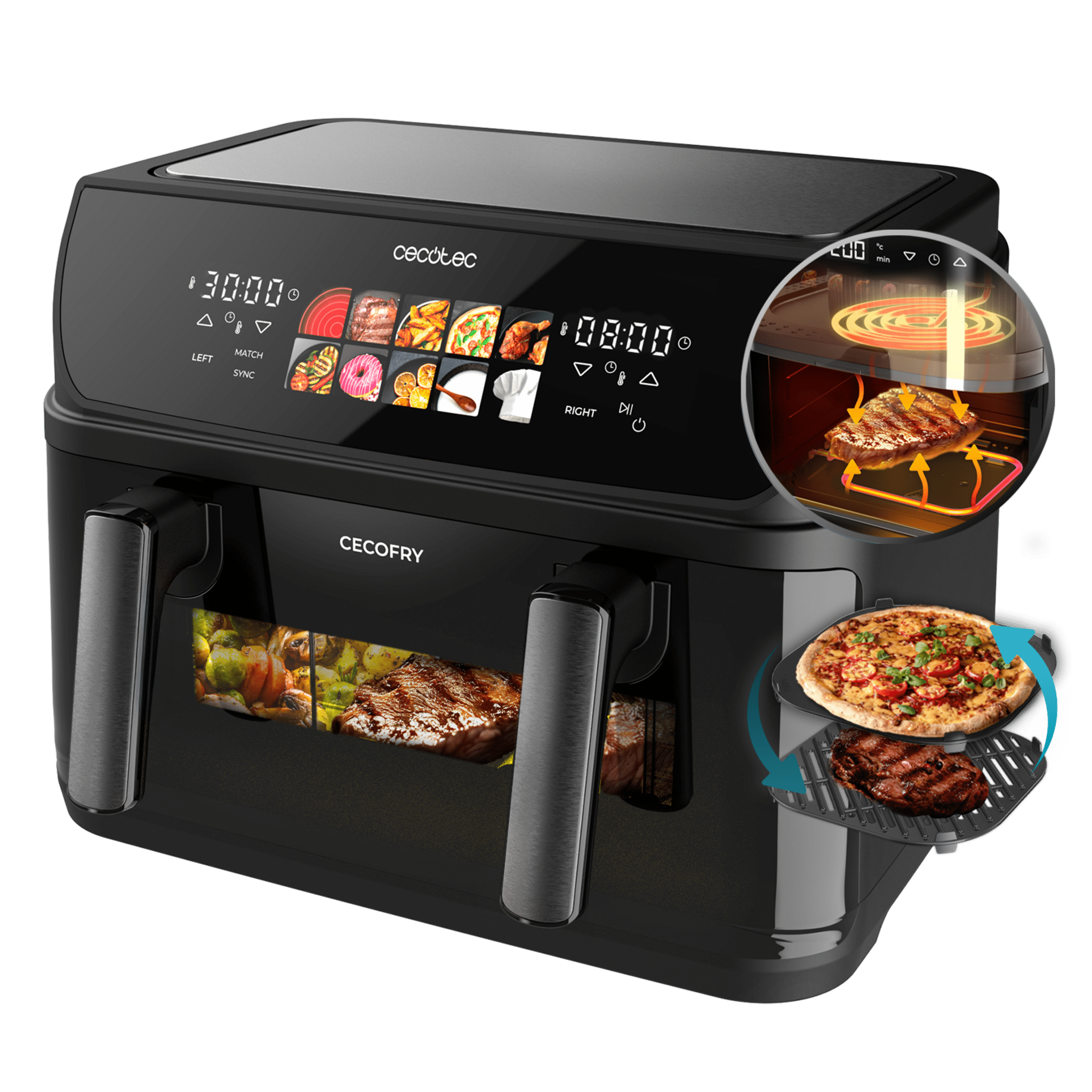 Cecofry&Grill Duoheat 10000 Heißluftfritteuse mit vier Heizelementen für perfektes Bräunen und gegrilltes Fleisch, 10 Liter Fassungsvermögen, 2800 W Leistung für gesunde Gerichte und eine bewegliche Trennwand, um zwischen zwei Körben mit doppelter Temperatur zu wählen oder eine einzelne Schale zu verwenden.