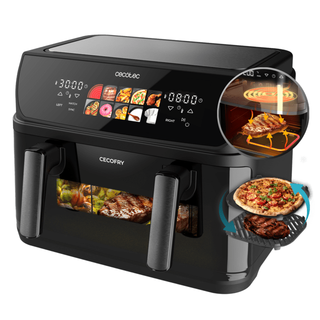 Cecofry&Grill Duoheat 10000 Freidora de aire con cuatro resistencias para dorado perfecto y sabor de parrilla en carnes, capacidad de 10 litros, potencia de 2800 W para platos saludables y pared divisoria móvil para optar entre dos cestillos con temperatura dual o convertirse en una sola cubeta.