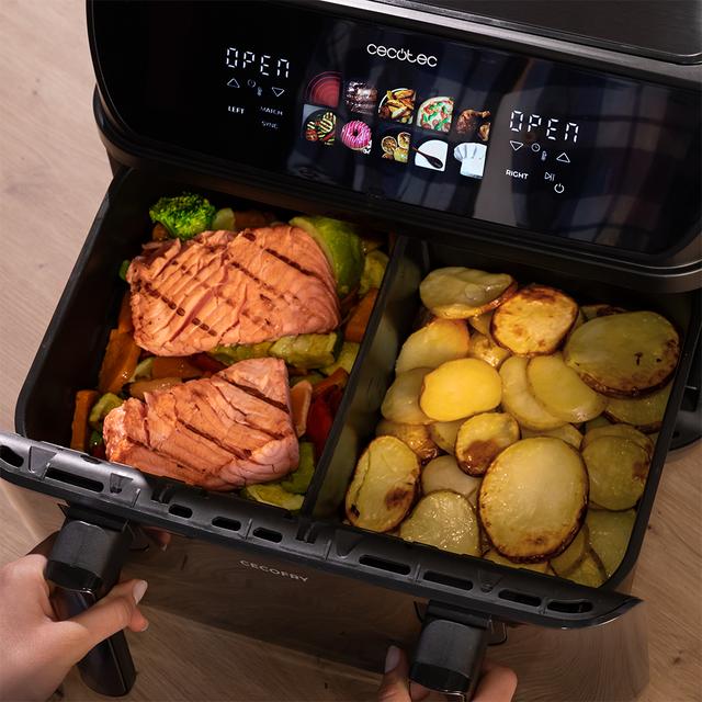 Cecofry&Grill Duoheat 10000 Freidora de aire con cuatro resistencias para dorado perfecto y sabor de parrilla en carnes, capacidad de 10 litros, potencia de 2800 W para platos saludables y pared divisoria móvil para optar entre dos cestillos con temperatura dual o convertirse en una sola cubeta.