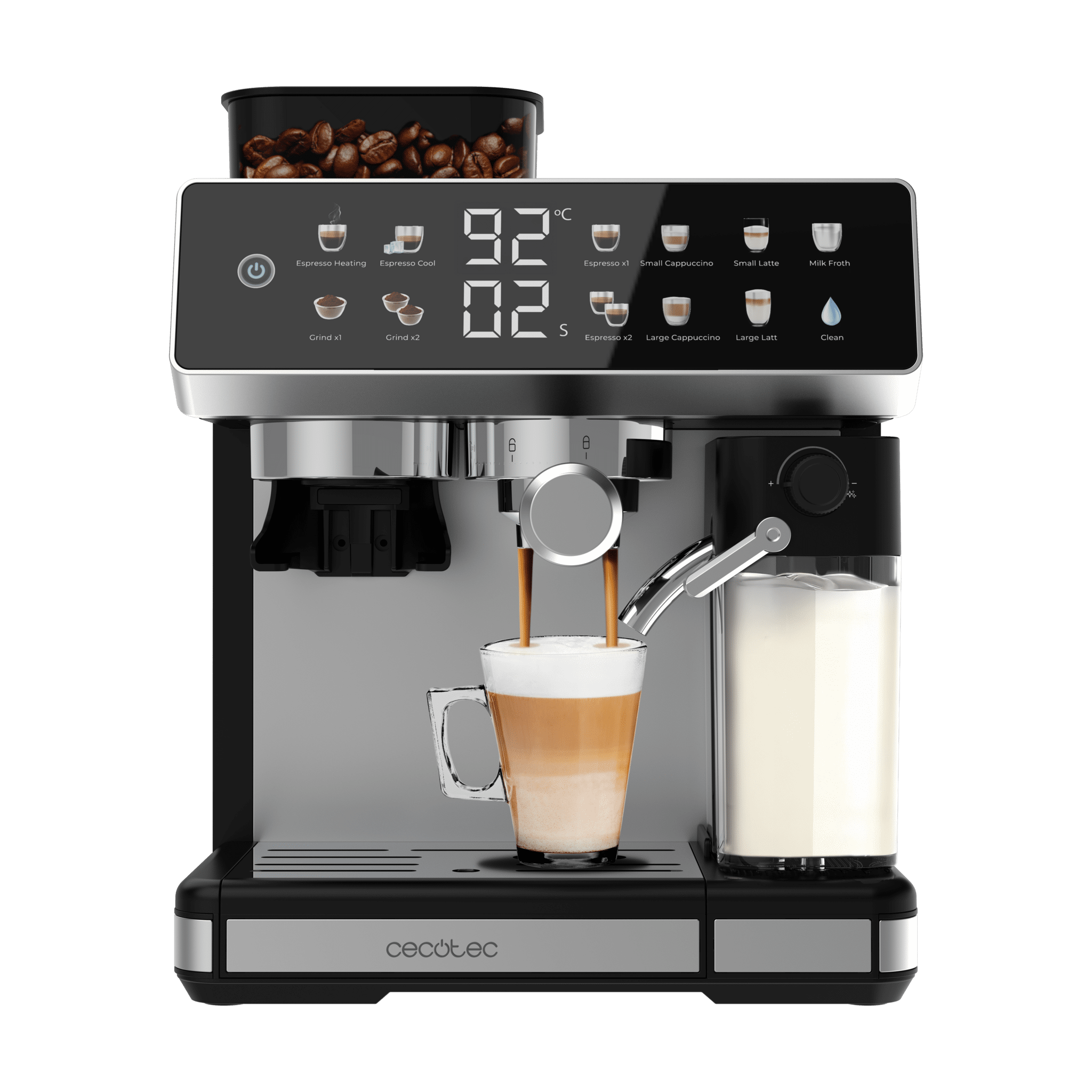 Power Espresso 20 Barista Grind & Latte Machine à café expresso Barista avec moulin et réservoir de lait.