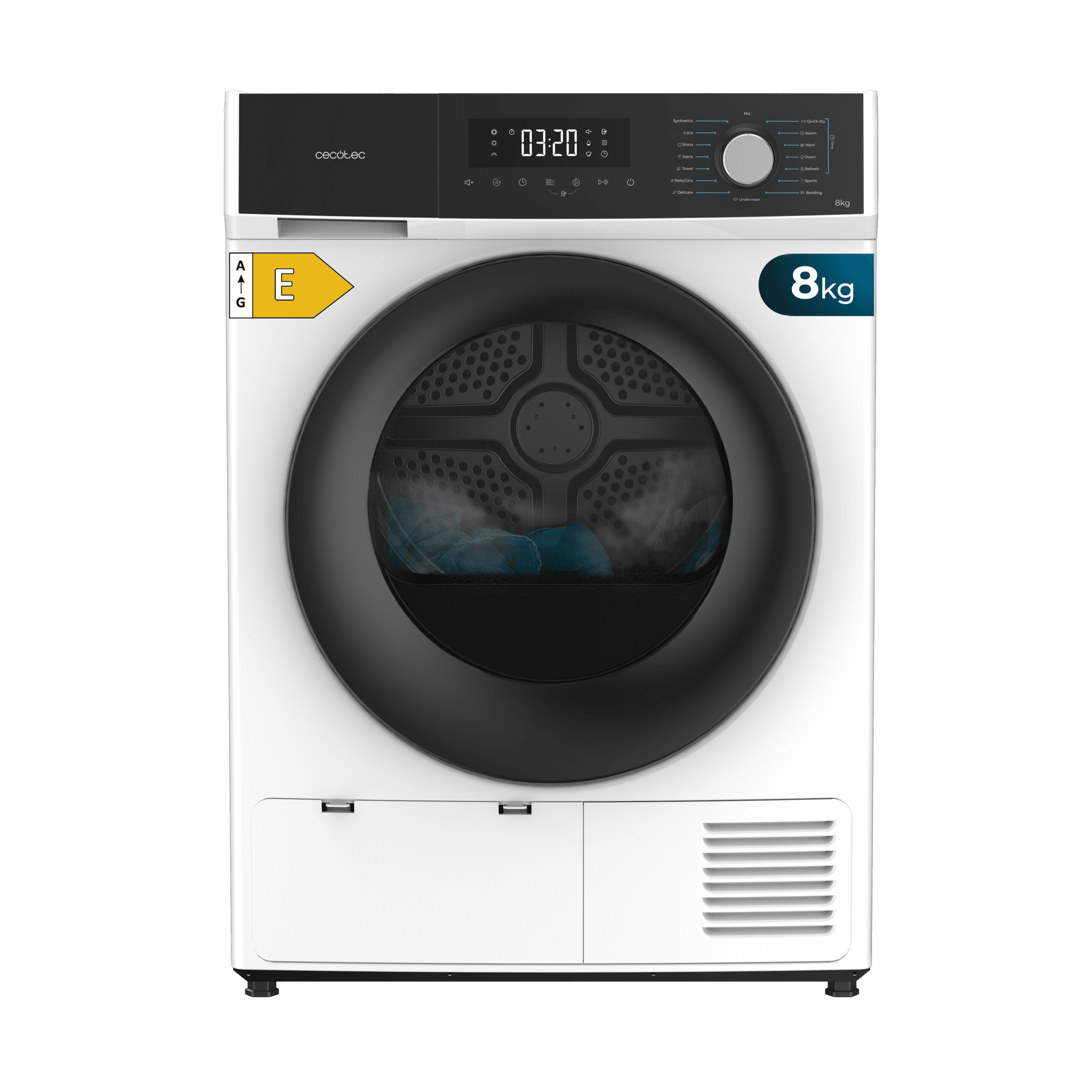 Bolero Dresscode Dry 8330 Secadora bomba de calor branca com capacidade de 8 kg, classe E (equivalente a classe A++), 15 programas e funções como secagem automática, Passagem Fácil, Stop&Go, Silence, Início Programado e KidLock.