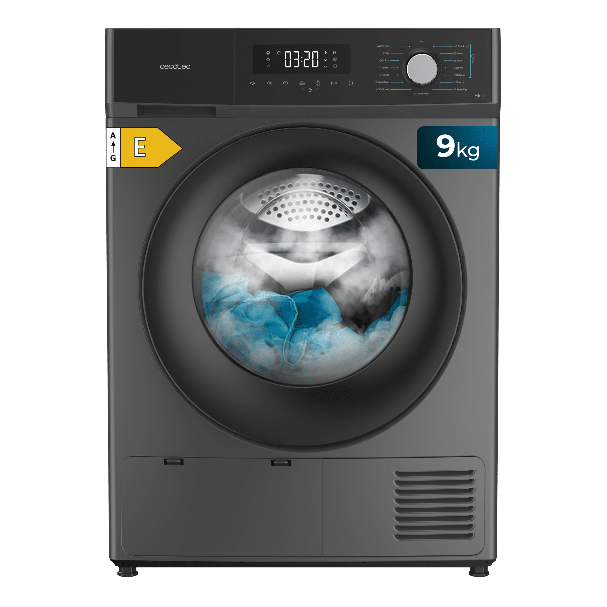 Bolero Dresscode Dry 9330 Steel Secadora bomba de calor em aço com capacidade de 9 kg, classe E (equivalente a classe A++), 15 programas e funções como secagem automática, Passar Fácil, Stop&Go, Silence, Início Diferido e Bloqueio para Crianças.