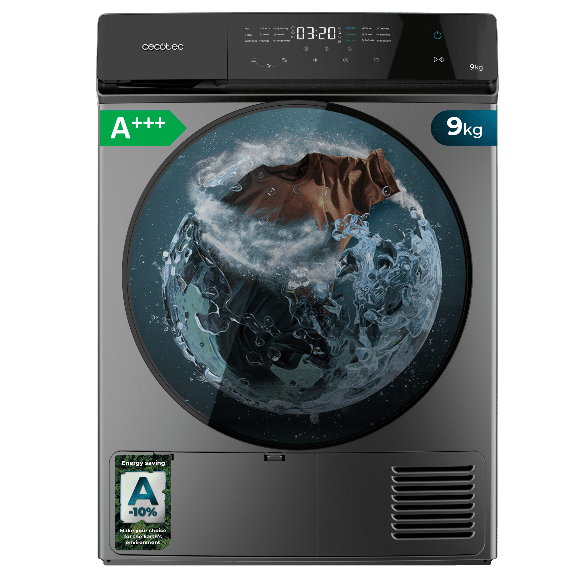 Bolero DressCode Dry 9400 Inverter Steel Secadora Bomba de calor steel de 9 kg, Clase C (antigua clase A+++), Motor Inverter Plus, Full Touch control, 15 programas, secado automático, Planchado Fácil, Stop&Go, tambor inox, función Silence, Delay Start y KidLock