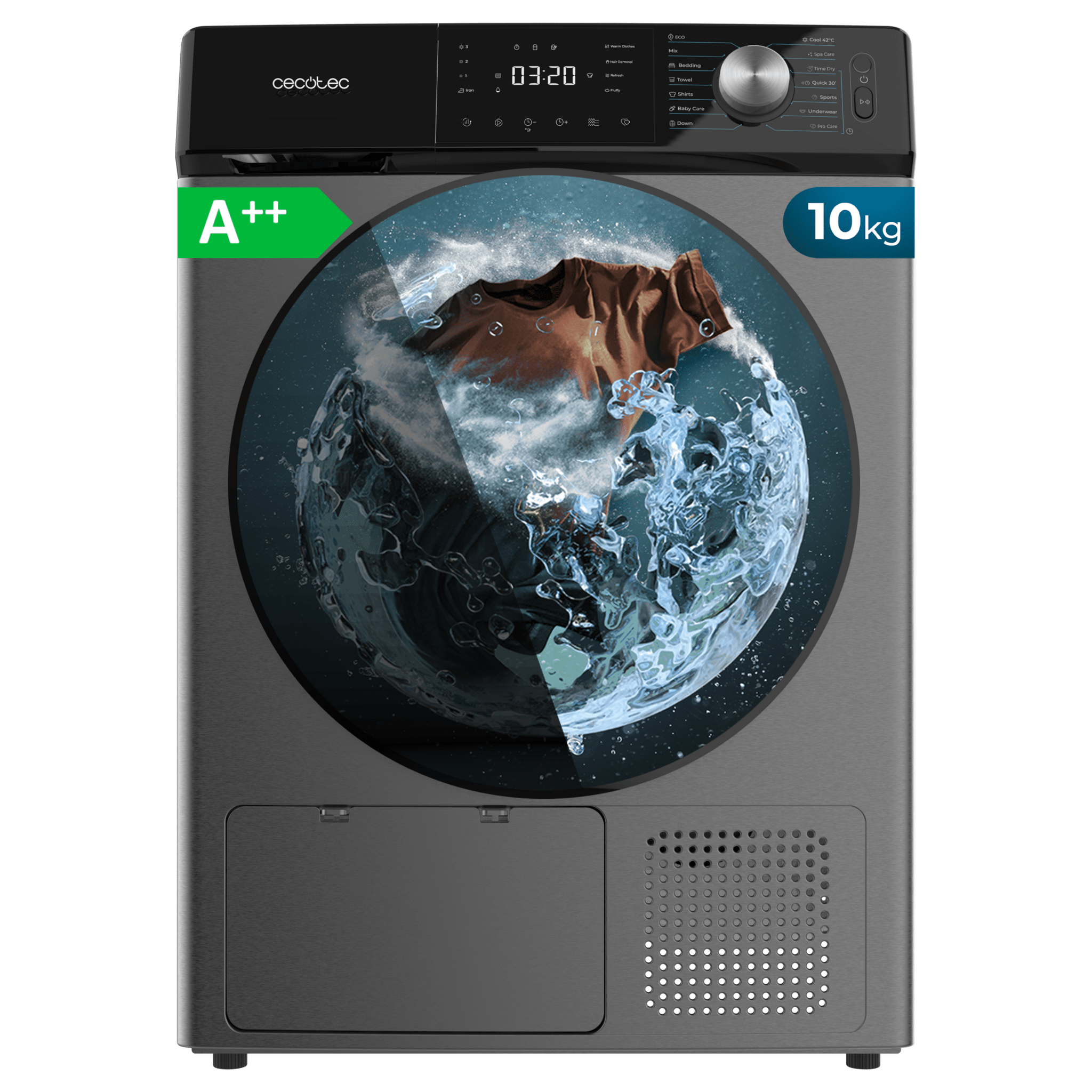 Bolero DressCode Dry 10355 Steel Máquina de secar roupa com bomba de calor em aço com 10 kg de capacidade, classe E (equivalente à classe A++), 14 programas com secagem automática e Spa Care, Easy Iron, Pro Care, 4 níveis de intensidade de secagem, tambor em aço inoxidável, Delay Start, Stop&Go, KidLock, acessório para sapatos e Diamond Care.