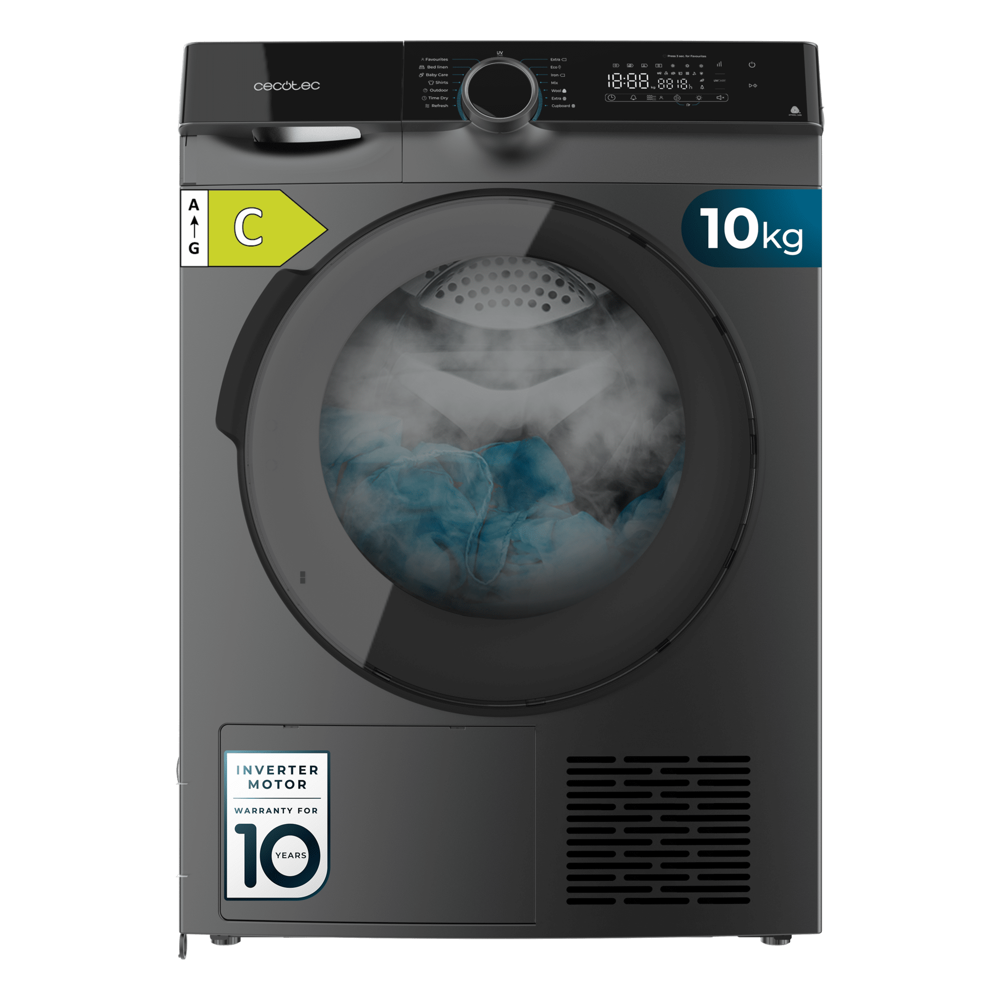 Bolero DressCode Dry 10505 Inverter Steel Máquina de secar roupa com bomba de calor com capacidade para 10 kg, classe C (equivalente à classe A+++), motor Inverter Plus, certificação Woolmark, 14 programas, funções UV Care e Easy Iron.