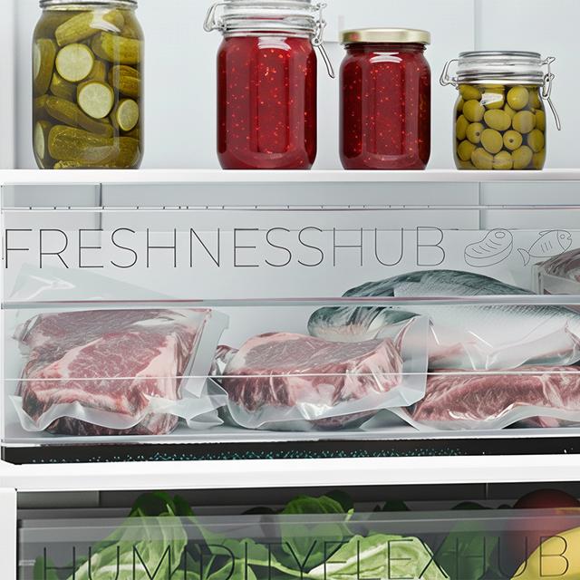 Bolero CoolMarket Combi 322i White Glass E - Frigorífico Combi con Acabado Cristal Blanco Premium, 322L, Ancho 59,5cm, Alto 185,5cm, Tecnología Total NoFrost, Multi Airflow, HumidityFlex HUB y Puerta Reversible - Iluminación LED y Display Interior