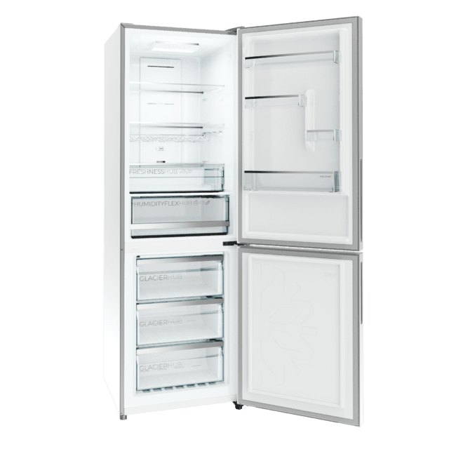 Bolero CoolMarket Combi 322i White Glass E - Frigorífico Combi con Acabado Cristal Blanco Premium, 322L, Ancho 59,5cm, Alto 185,5cm, Tecnología Total NoFrost, Multi Airflow, HumidityFlex HUB y Puerta Reversible - Iluminación LED y Display Interior