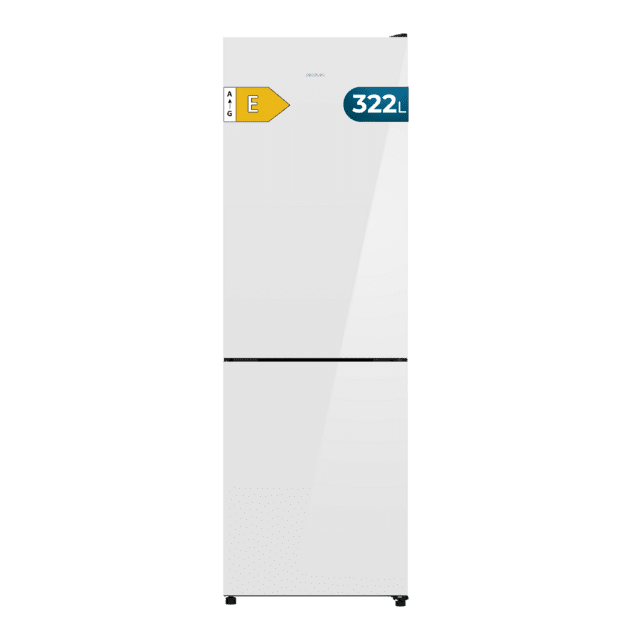 Bolero CoolMarket Combi 322i White Glass E - Frigorífico Combi con Acabado Cristal Blanco Premium, 322L, Ancho 59,5cm, Alto 185,5cm, Tecnología Total NoFrost, Multi Airflow, HumidityFlex HUB y Puerta Reversible - Iluminación LED y Display Interior