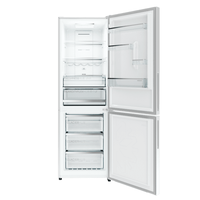 Bolero CoolMarket Combi 322i White Glass E - Frigorífico Combi con Acabado Cristal Blanco Premium, 322L, Ancho 59,5cm, Alto 185,5cm, Tecnología Total NoFrost, Multi Airflow, HumidityFlex HUB y Puerta Reversible - Iluminación LED y Display Interior