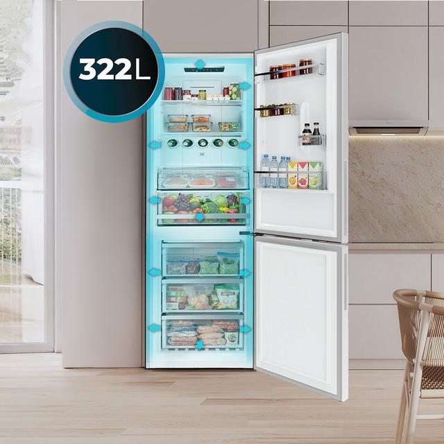 Bolero CoolMarket Combi 322i White Glass E - Frigorífico Combi con Acabado Cristal Blanco Premium, 322L, Ancho 59,5cm, Alto 185,5cm, Tecnología Total NoFrost, Multi Airflow, HumidityFlex HUB y Puerta Reversible - Iluminación LED y Display Interior
