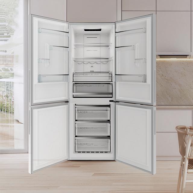 Bolero CoolMarket Combi 322i White Glass E - Frigorífico Combi con Acabado Cristal Blanco Premium, 322L, Ancho 59,5cm, Alto 185,5cm, Tecnología Total NoFrost, Multi Airflow, HumidityFlex HUB y Puerta Reversible - Iluminación LED y Display Interior