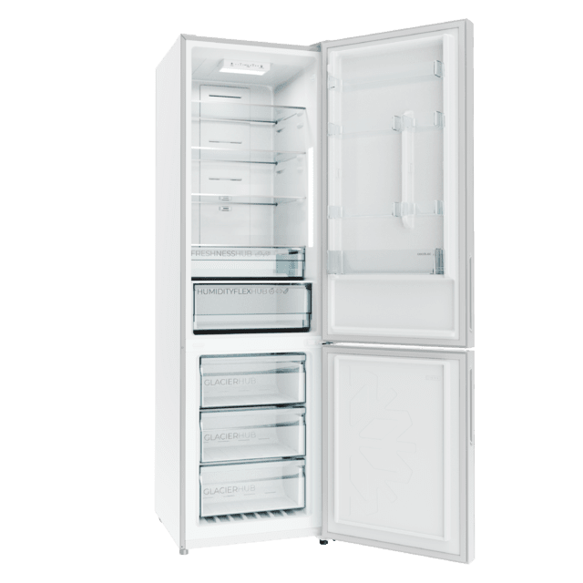 Bolero CoolMarket Combi 356i White E Réfrigérateur Combi blanc, 356 L, largeur 59,5 cm, hauteur 200 cm, Total NoFrost, Multi Airflow, congélation rapide, FreshnessFlex HUB, HumidityFlex HUB et porte réversible - Éclairage LED et affichage intérieur
