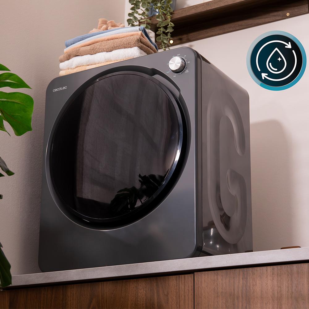 Mini secadora CECOTEC Bolero DressCode Dry 3150V Dark en zona de lavado con sistema de evacuación