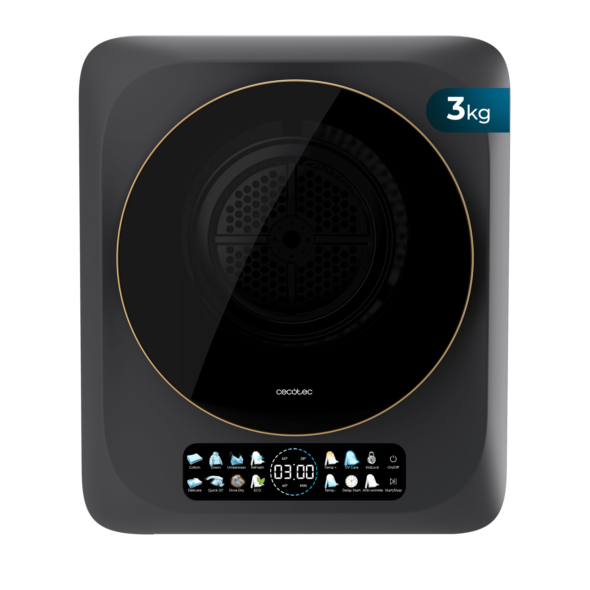 Bolero DressCode Dry 3400V Dark Secadora compacta de evacuação de 3 kg de capacidade, ecrã FullColor, 8 programas, secagem automática inteligente, tambor Inox com rotação bidirecional, função UV Care, Dry Shoe Pro, função anti-rugas, Delay Start, KidLock e instalação flexível.