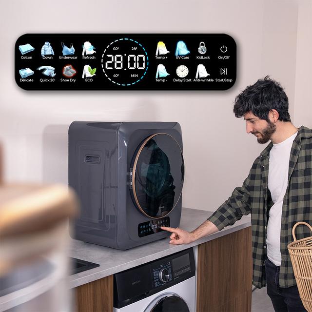 Bolero DressCode Dry 3400V Dark Secadora compacta de evacua��o de 3 kg de capacidade, ecr� FullColor, 8 programas, secagem autom�tica inteligente, tambor Inox com rota��o bidirecional, fun��o UV Care, Dry Shoe Pro, fun��o anti-rugas, Delay Start, KidLock e instala��o flex�vel.