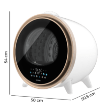 Bolero DressCode Dry 3600V Gold Secadora compacta de evacuación blanca de 3 kg de capacidad, detalle oro cromado, pantalla con iconos a color, 12 programas, secado automático, función vapor y UV Care, tambor Inox con giro bidireccional y sistema antiarrugas Anti-Wrinkle Motion, accesorio para zapatos y funciones Delay Start, KidLock, Modo Refresh.