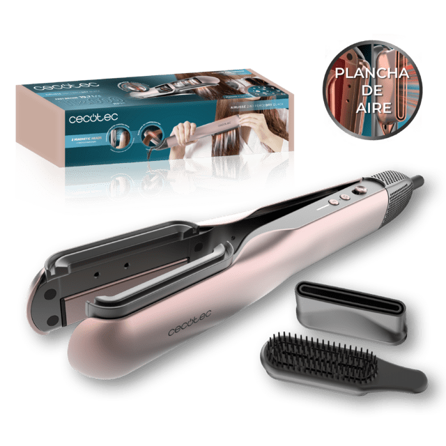 AirLisse 2in1 ForceDry Black Plancha de aire con flujo potente de 19,7 m/s, cabezales imantados, para todo tipo de cabellos, función plasma, motor brushless, 4 temperaturas y 2 velocidades de aire.