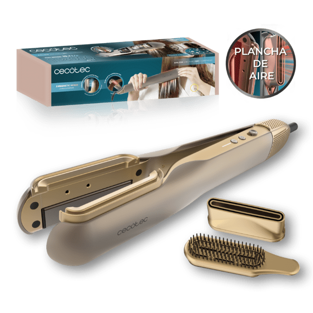 AirLisse 2in1 ForceDry Champagne Plancha de aire con flujo de aire potente 19,7 l/s, cabezales imantados, para todo tipo de cabellos, función plasma, motor brushless, 4 temperaturas y 2 velocidades de aire.