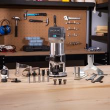 MultiShape 500 Fresadora con 710W de potencia. Incluye 5 fresas y cabezales de diferentes tamaños. Velocidad y profundidad regulable. Incluye tope paralelo.