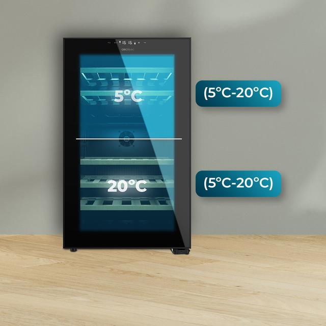 Bolero GrandSommelier Duo 52000 Black Garrafeira de livre instala��o com vidro preto, Zona de temperatura dupla de 5�C a 20�C, Capacidade para 52 garrafas, Dimens�es 84x59,5cm, Ilumina��o LED, Compressor integrado, Display LED interior, Funcionamento silencioso, 5 prateleiras de madeira.