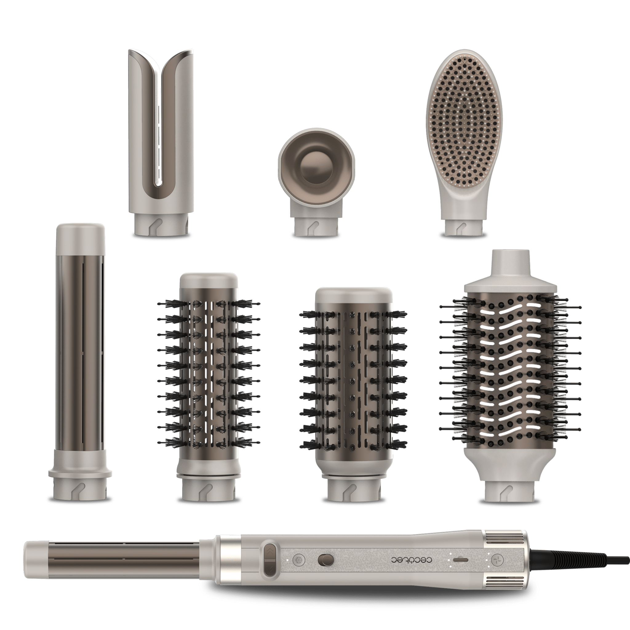 CeramicCare 8in1 AirGlam Gyro Champagne Modelador de cabelo com 8 acessórios para alisar, modelar e encaracolar o seu cabelo, motor brushless, função rotativa e revestimento de cerâmica e queratina.