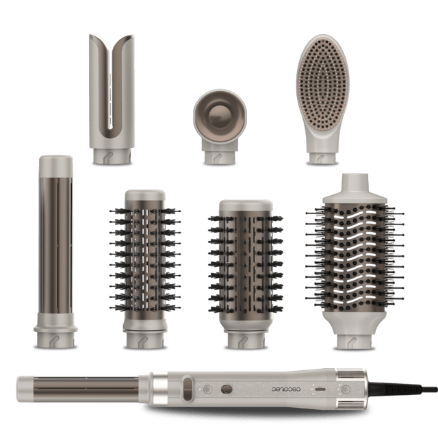 CeramicCare 8in1 AirGlam Gyro Champagne Moldeador de pelo con 8 cabezales para alisar, moldear y rizar tu cabello, motor brushless, función rotativa y revestimiento de cerámica y queratina