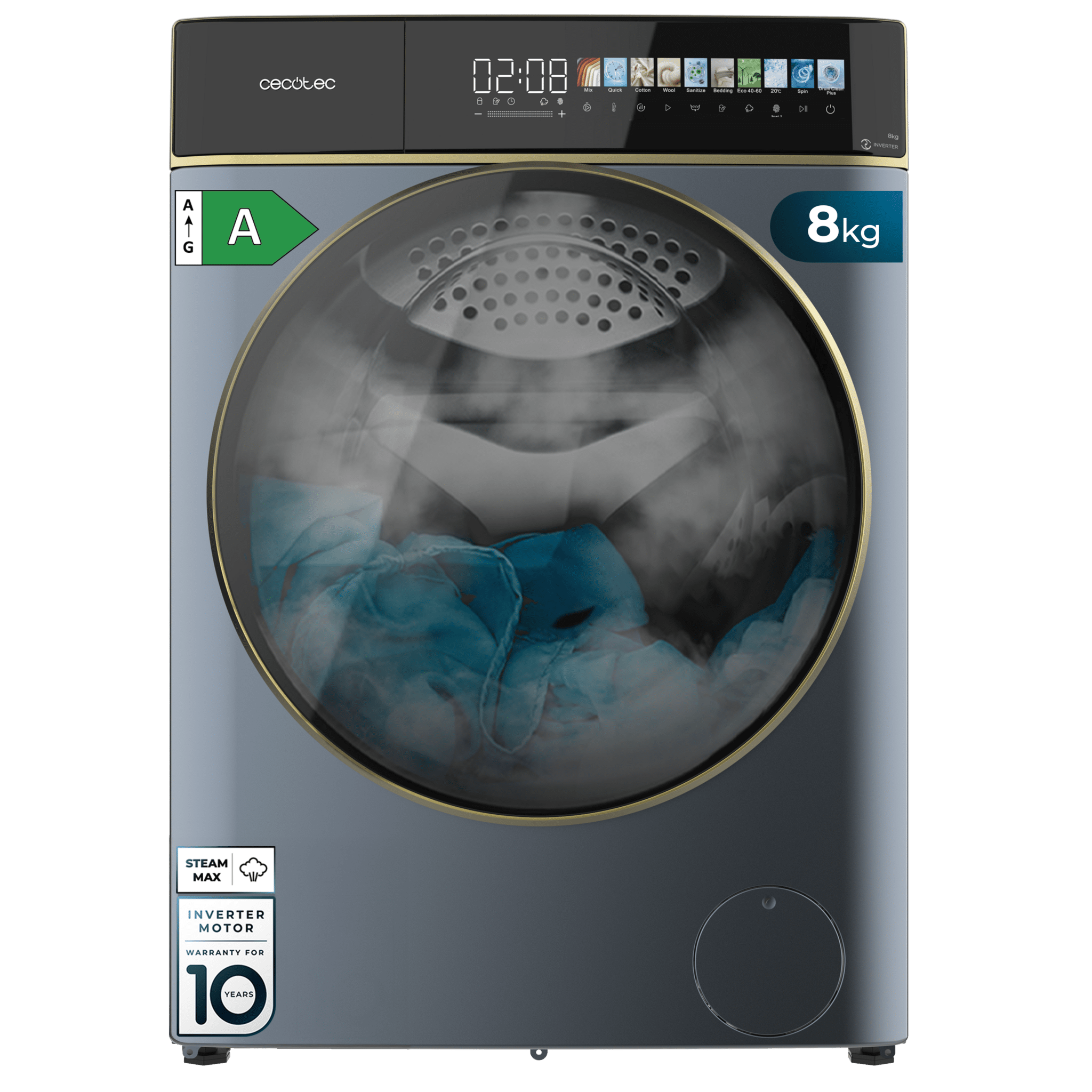 Bolero Wash&Dry 85900 Inverter Titanio Lavadora secadora color titanium de 8/5 kg de capacidad, clase A, motor Inverter Plus y 1400 rpm, con 11 programas, pantalla FullColor 10,3", SteamMax, secado automático, Sanitize, funciones inteligentes OnSmart y Fuzzy Logic, Smooth Wash, Stop&Go, Delay Start, Drum Clean Plus y goma antibacteriana