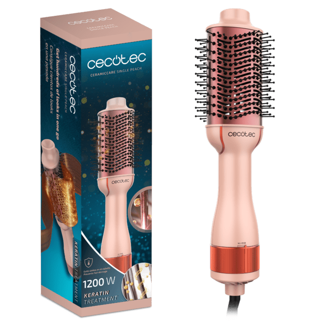 CeramicCare Single Peach Cepillo de aire voluminizador con revestimiento cerámico con queratina y aceite de argán, con potencia de 1200W y 3 modos.