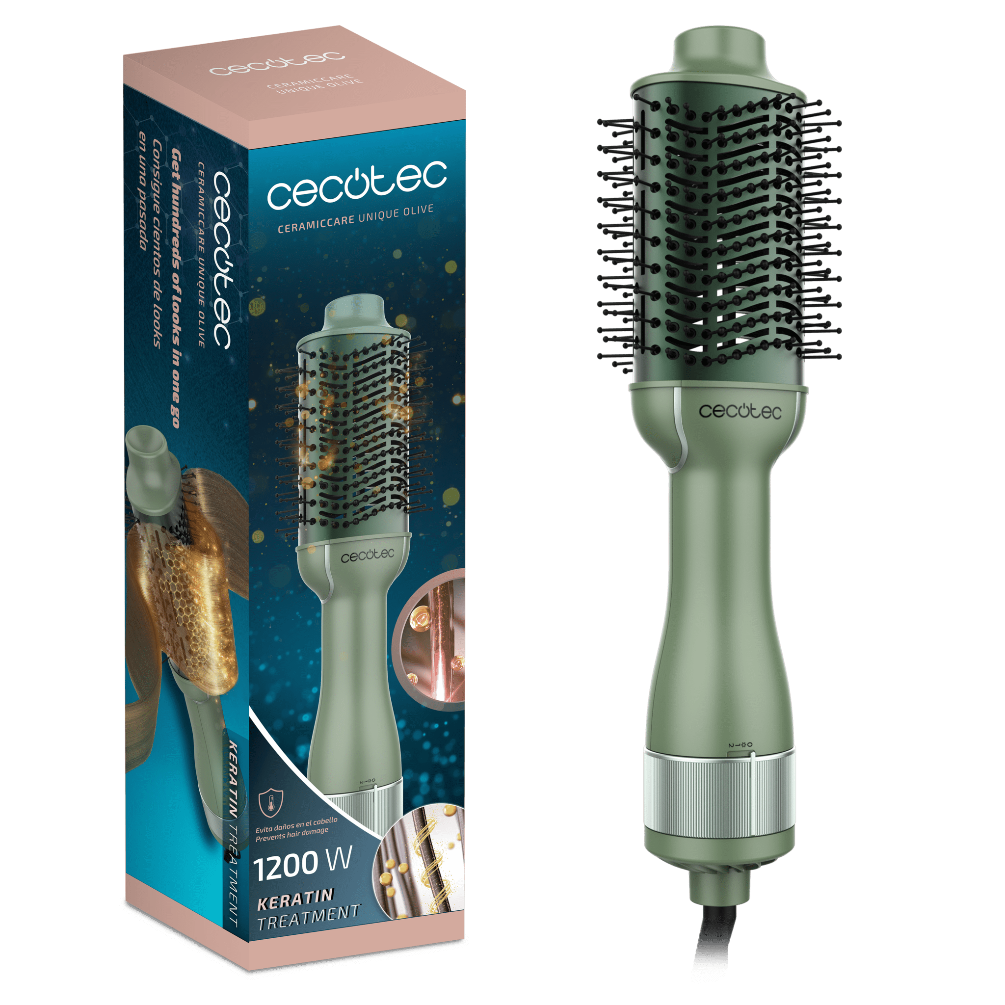 CeramicCare Unique Olive Warmluft-Volumenbürste mit Keratin- & Arganöl-Keramikbeschichtung, 1200 W, 3 Stufen