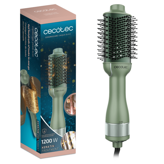 CeramicCare Unique Olive Cepillo de aire voluminizador con revestimiento cerámico con queratina y aceite de argán, con potencia de 1200W y 3 modos