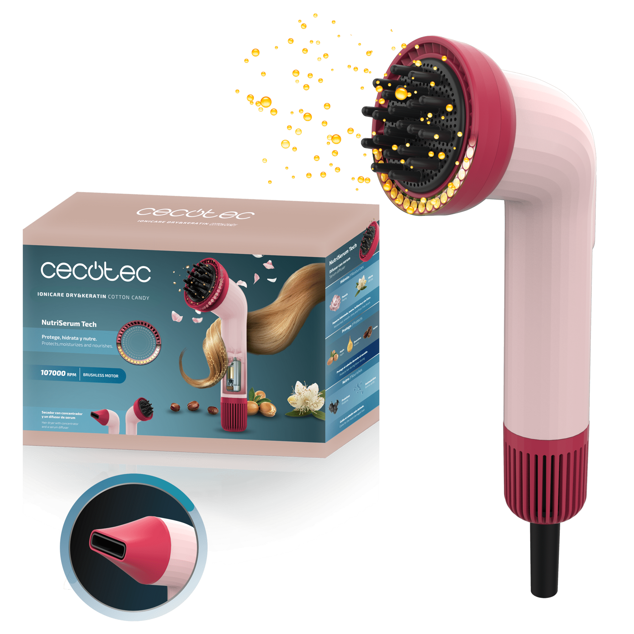 IoniCare Dry&Keratin Cotton Candy Secador de pelo brushless con la tecnología NutriSerum, 107000 rpm y función iónica