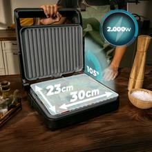 Rock'nGrill 2000 PerfectCook Parrilla eléctrica de 2000W con sonda de temperatura, placas extraíbles con revestimiento RockStone aptas para lavavajillas y apertura de hasta 105º.